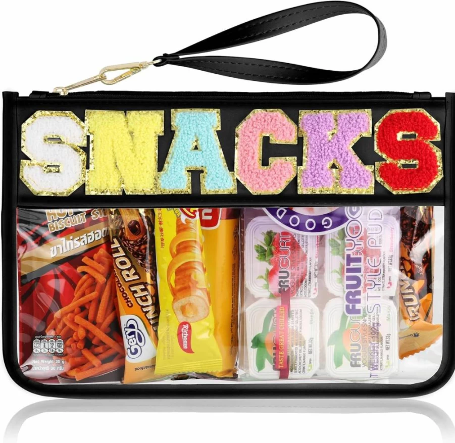 TESAFNG Clear Varsity Letter Zipper Pouch - Waterproof Nylon Cosmetic Bag for Women, Travel Makeup Tote, Preppy Snack Bag for Girls