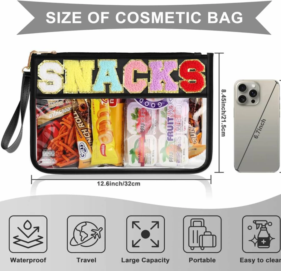 TESAFNG Clear Varsity Letter Zipper Pouch - Waterproof Nylon Cosmetic Bag for Women, Travel Makeup Tote, Preppy Snack Bag for Girls