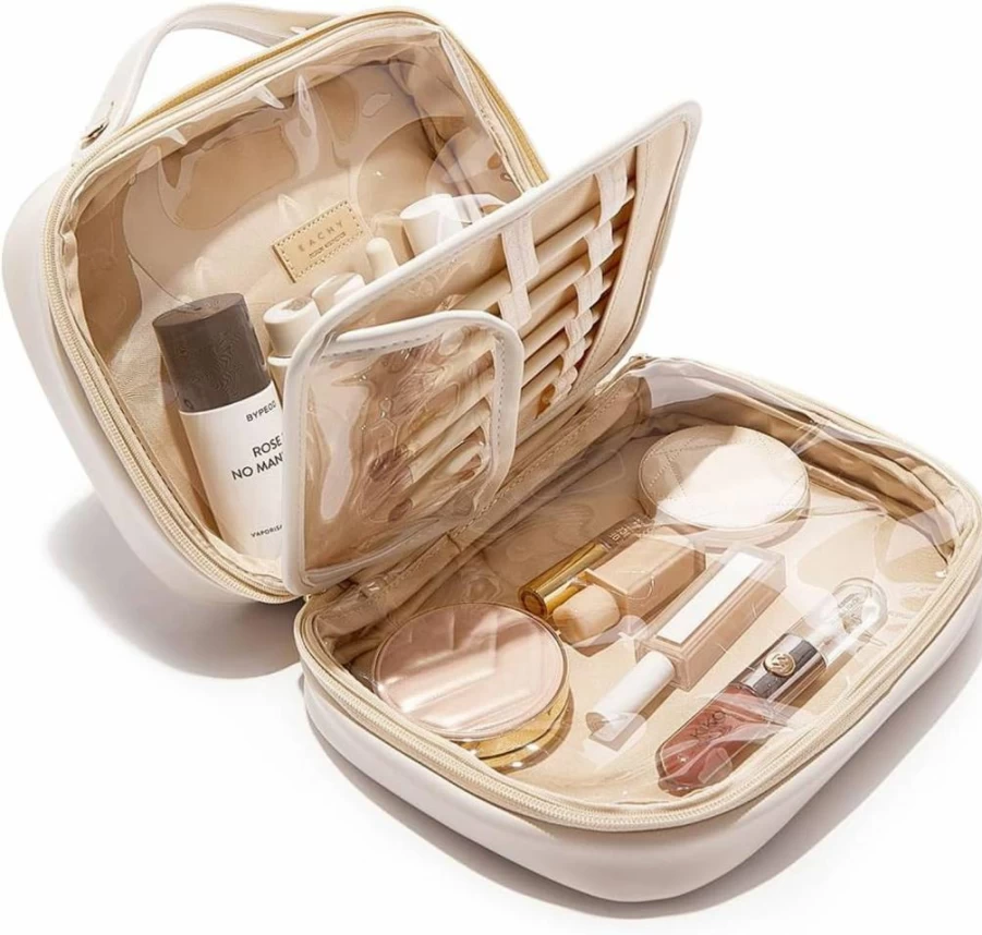 EACHY Large Waterproof Travel Makeup Bag for Women - Portable Cosmetic Organizer with Divider, Handle, Open Flat Toiletry Pouch