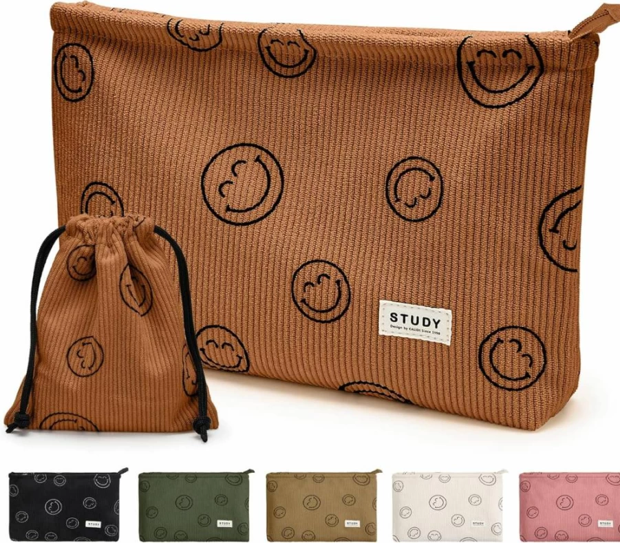 WLLWOO 2-Pack Corduroy Makeup Bags with Zipper, Waterproof Travel Toiletry Pouch for Women, Cute Smile Face Cosmetic Bag & Pencil Case