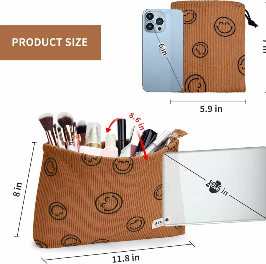 WLLWOO 2-Pack Corduroy Makeup Bags with Zipper, Waterproof Travel Toiletry Pouch for Women, Cute Smile Face Cosmetic Bag & Pencil Case