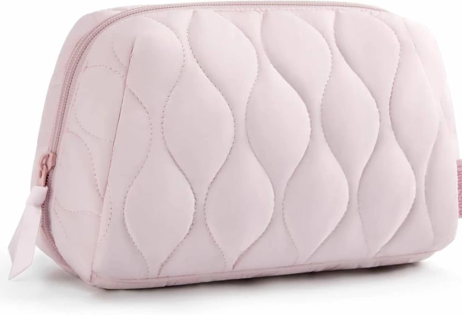 BAGSMART Puffy Padded Makeup Bag for Women - Travel Cosmetic Organizer Case, Wide Open Toiletry Pouch, Dark Pink Makeup Brush Holder, Essential Travel Accessories