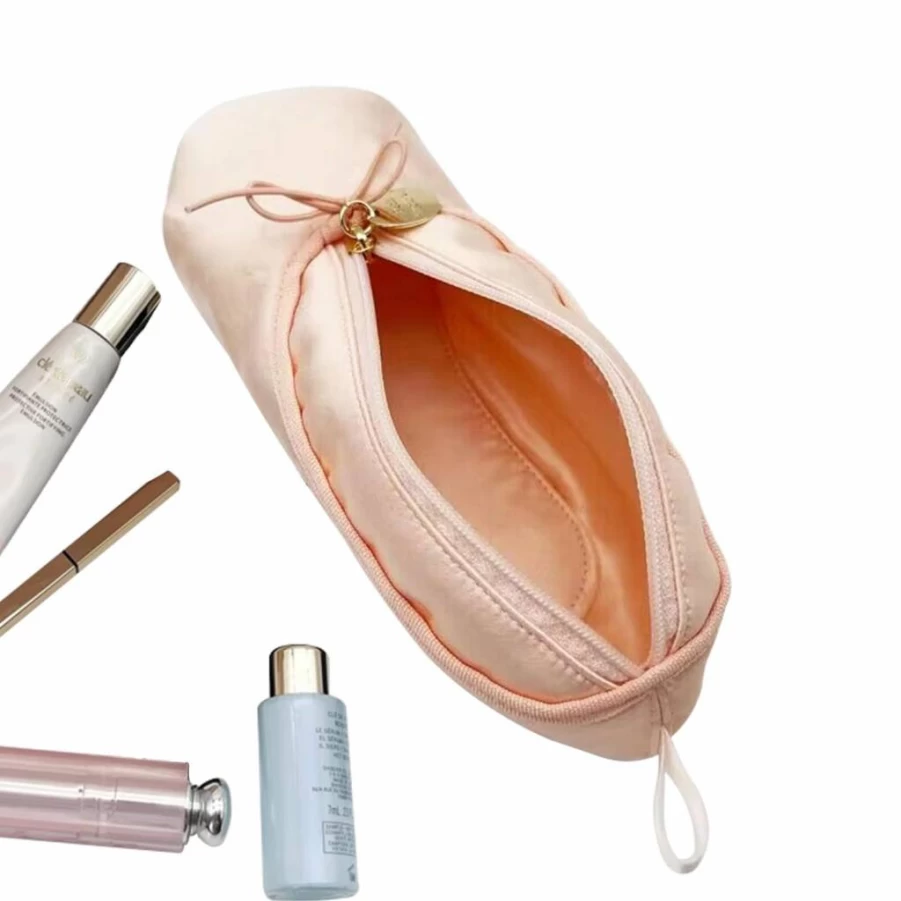 TCULIHWY Pink Ballet Makeup Bag for Girls - Cute Dance Cosmetic Pouch, Travel Brush Holder, Shoe Pencil Case, Recital Gift Bow Mini Bag