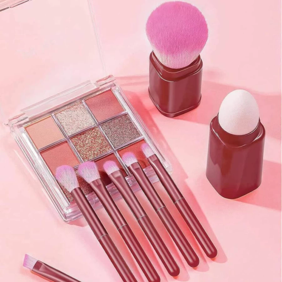 SRUIDYLADY 8-Piece Travel Makeup Brush Set - Portable Face, Powder, Blush, Concealer & Eye Brushes with Case (Orange)
