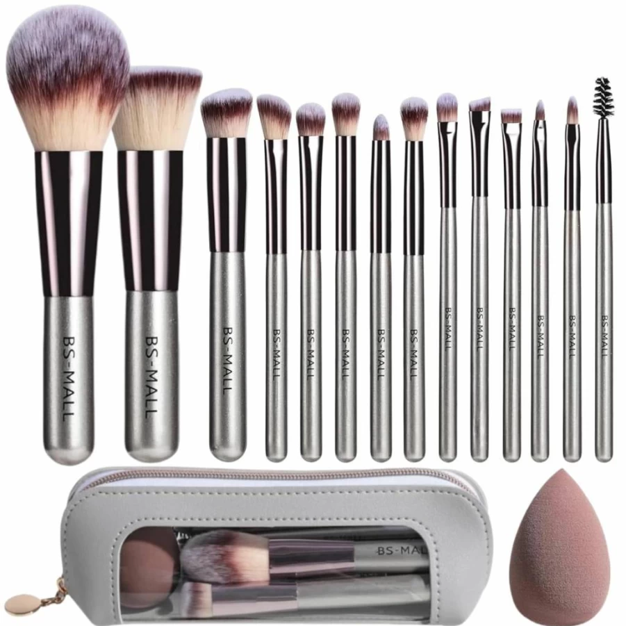 BS-MALL 14-Piece Premium Makeup Brush Set with Case & Sponge - Synthetic Foundation, Powder, Concealer, Eyeshadow & Blush Brushes (Champagne)