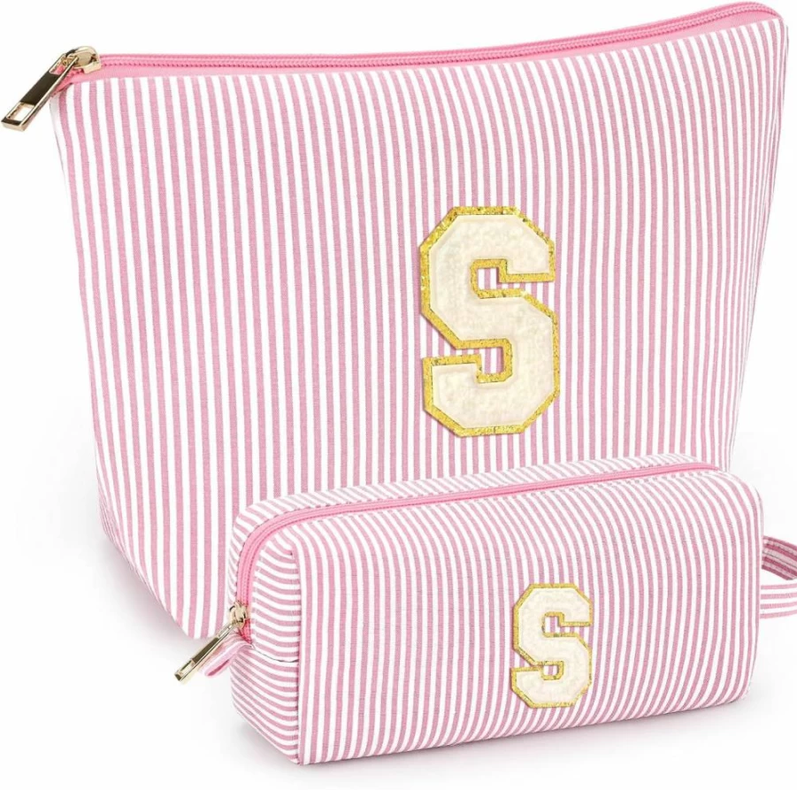 2 Pcs Mibasies Initial Makeup Bags for Women - Personalized Cosmetic & Toiletry Travel Bag Set, Cute Pink Gift for Teen Girls Age 11-18, Graduation Teacher Present, Trendy Birthday Gift for Her