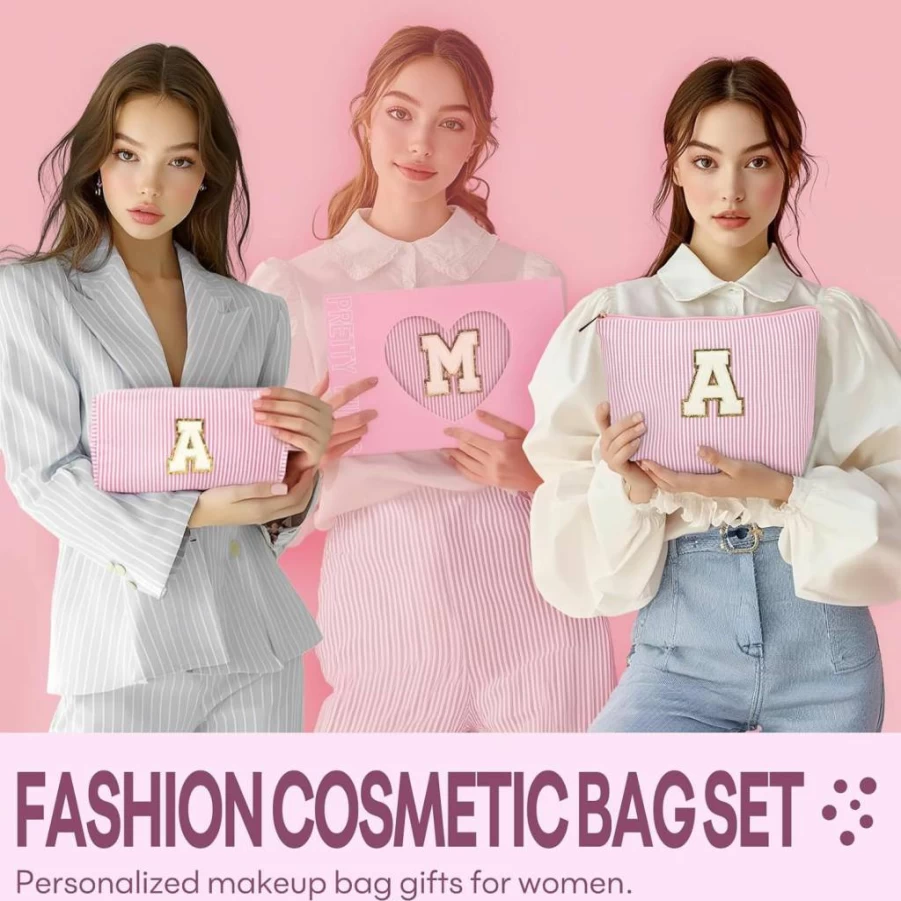 2 Pcs Mibasies Initial Makeup Bags for Women - Personalized Cosmetic & Toiletry Travel Bag Set, Cute Pink Gift for Teen Girls Age 11-18, Graduation Teacher Present, Trendy Birthday Gift for Her