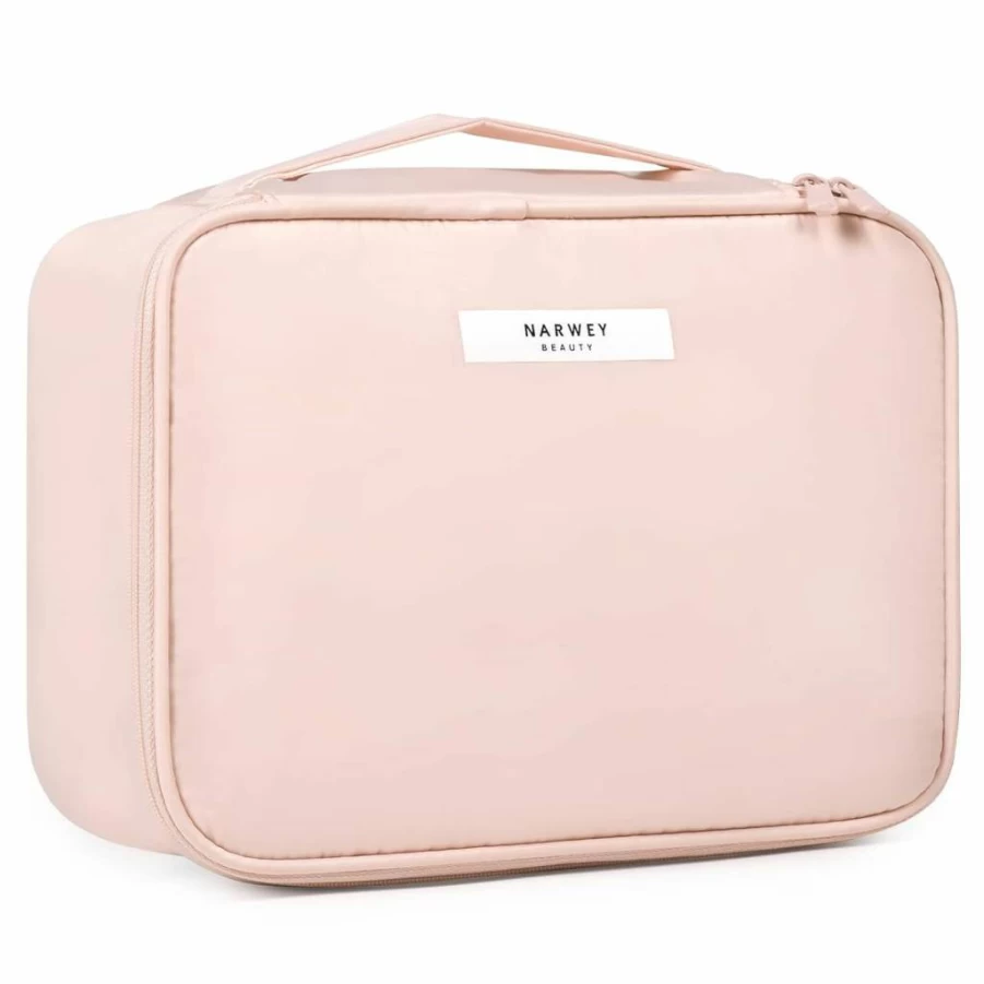Narwey Greyish Blue Travel Makeup Bag with Brush Holder, Waterproof Cosmetic Organizer Case for Women, Portable Toiletry Pouch for Brushes & Beauty Essentials
