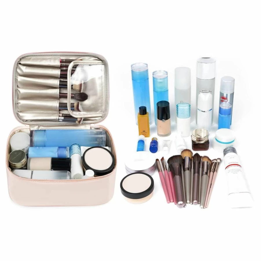 Narwey Greyish Blue Travel Makeup Bag with Brush Holder, Waterproof Cosmetic Organizer Case for Women, Portable Toiletry Pouch for Brushes & Beauty Essentials