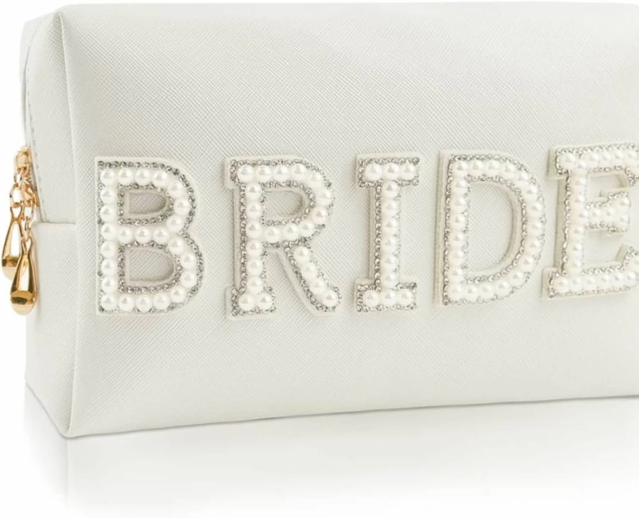 Kovewon White Pearl Rhinestone Bridal Makeup Bag - Elegant Travel Toiletry Pouch for Bride & Bridesmaids, Perfect Engagement & Wedding Shower Gift for Her