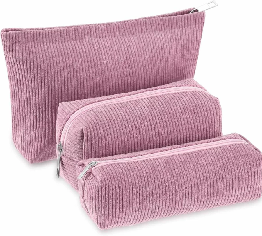 Huhumy 3-Piece Corduroy Makeup Bag Set for Women - Aesthetic Smile Cosmetic Pouch, Travel Toiletry Organizer, Cute Zippered Pencil Case & Brush Storage (White)