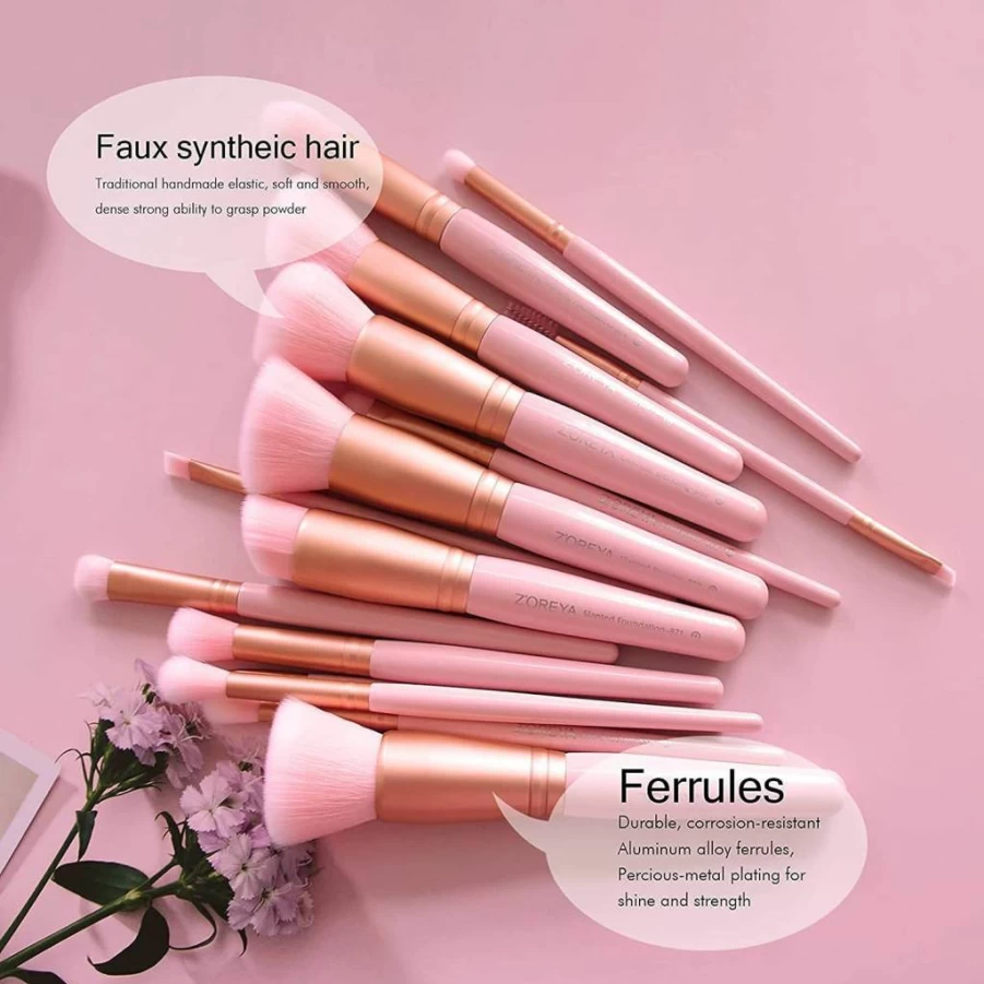 Raffaello 15-Piece Premium Makeup Brush Set - Synthetic Foundation, Concealer, Eyeshadow, Eyeliner Brushes (Pink) for Flawless Beauty Application
