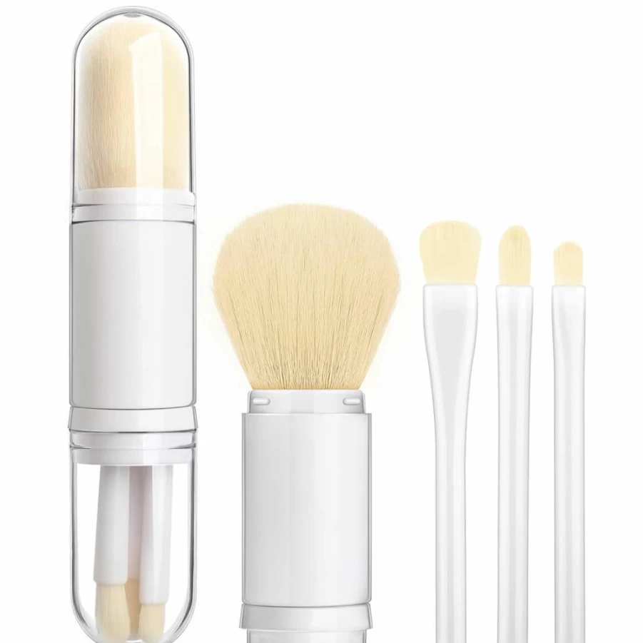 SruidyLady Green Retractable Travel Makeup Brush Set - 4 in 1 Mini Professional Foundation, Blending, Powder & Eyeshadow Brushes with Portable Case for Women