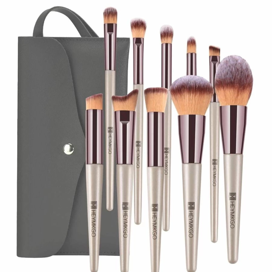 HEYMKGO 15Pcs Professional Makeup Brush Set - Champagne Gold Foundation, Blending, Powder, Blush, Concealer & Eye Makeup Brushes with Travel Pouch