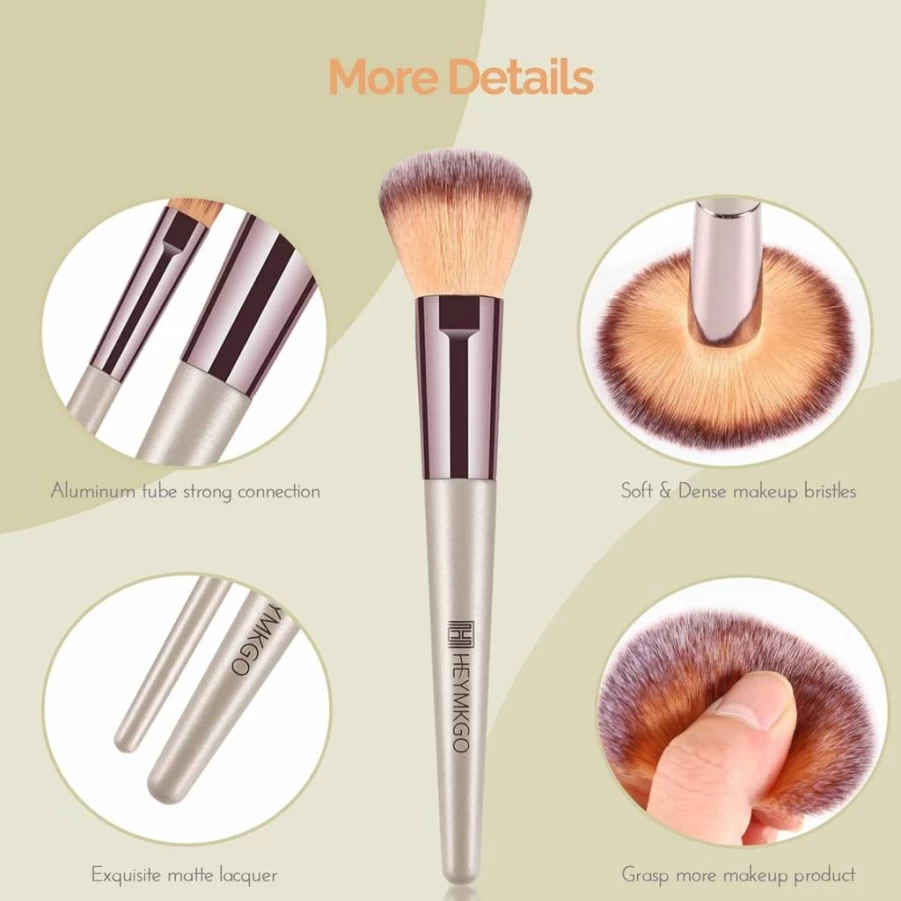 HEYMKGO 15Pcs Professional Makeup Brush Set - Champagne Gold Foundation, Blending, Powder, Blush, Concealer & Eye Makeup Brushes with Travel Pouch