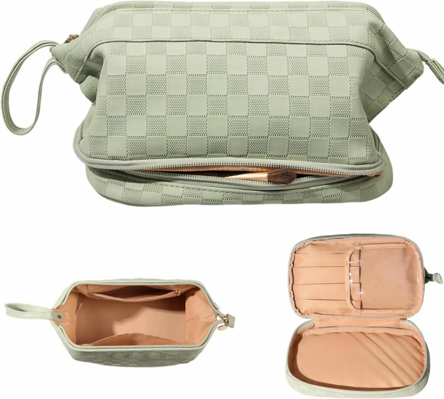 Abiudeng Large Travel Makeup Bag for Women - Waterproof PU Leather Cosmetic Organizer with Handle & Multiple Compartments
