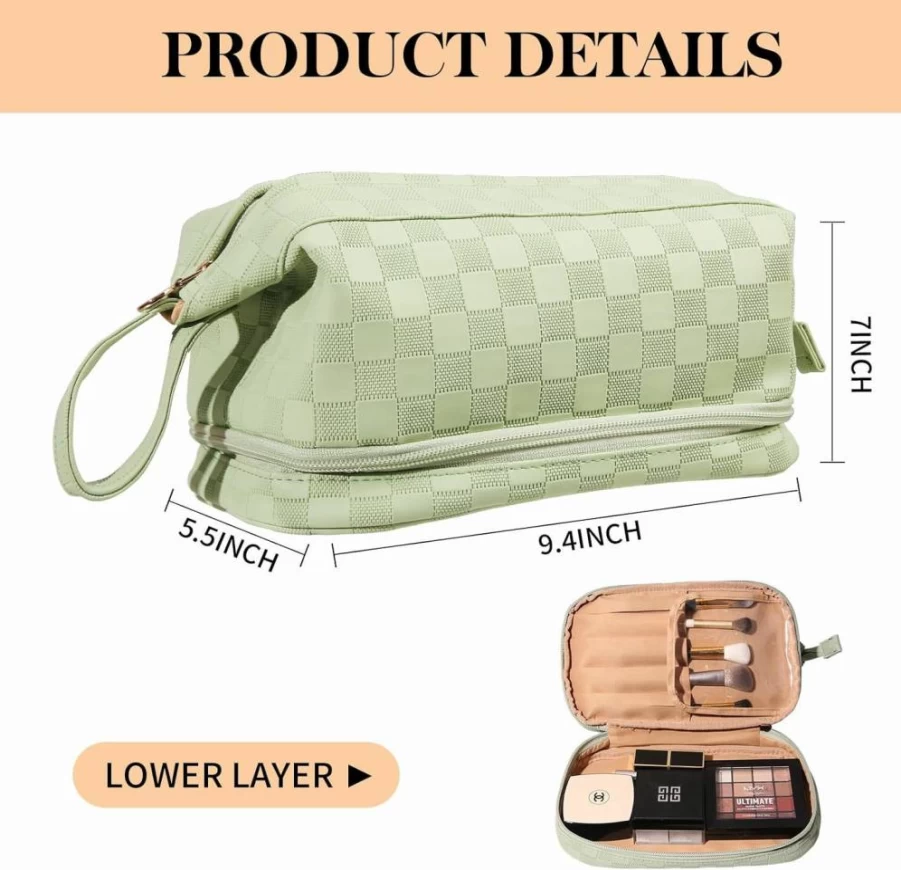 Abiudeng Large Travel Makeup Bag for Women - Waterproof PU Leather Cosmetic Organizer with Handle & Multiple Compartments