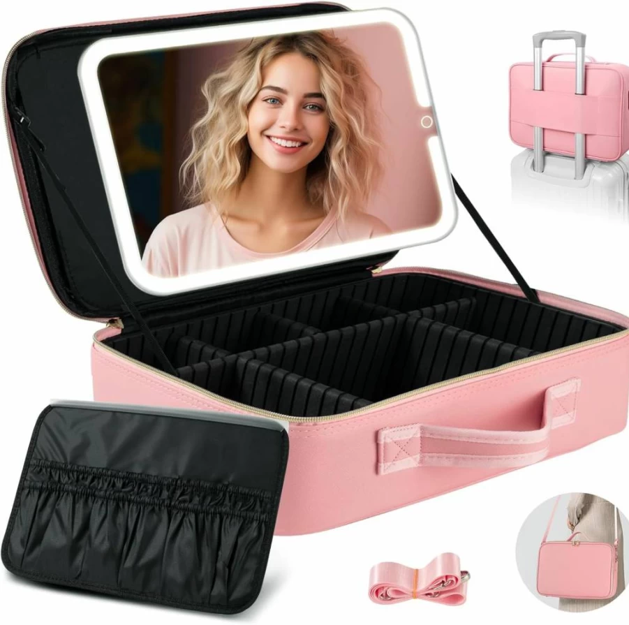 Suupvaor 15''X11'' Professional Makeup Train Case with Removable LED Mirror, Large Travel Cosmetic Organizer, PU Leather Makeup Bag with Adjustable Dividers & Brush Holder