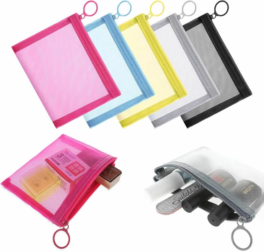 5 Pcs PEOVLVN Mesh Zipper Pouch Bags, Small Waterproof Makeup Organizer for Travel, Cosmetic Toiletry Bags for Women, Mini Clear Storage Bags for Office Supplies & Accessories