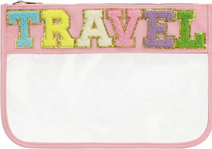 DYSHAYEN Clear Zipper Pouch for Travel - Waterproof Nylon Cosmetic Makeup Bag for Women & Girls, Chenille Letter Design