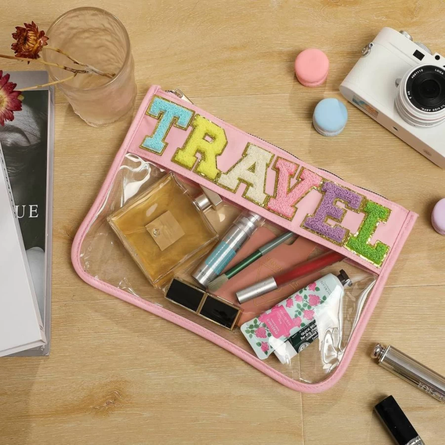 DYSHAYEN Clear Zipper Pouch for Travel - Waterproof Nylon Cosmetic Makeup Bag for Women & Girls, Chenille Letter Design