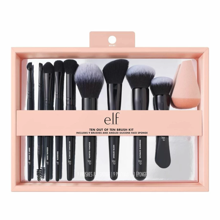 e.l.f. 10-Piece Vegan Makeup Brush Set for Face, Eyes & Brows - Cruelty-Free Synthetic Bristles