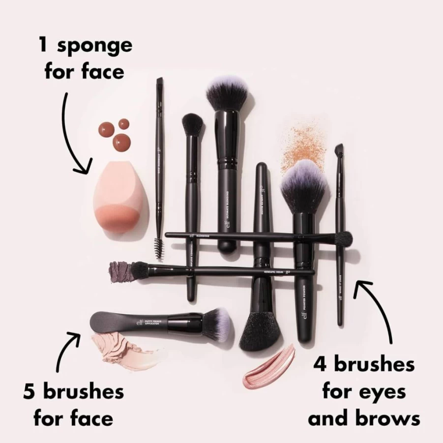 e.l.f. 10-Piece Vegan Makeup Brush Set for Face, Eyes & Brows - Cruelty-Free Synthetic Bristles