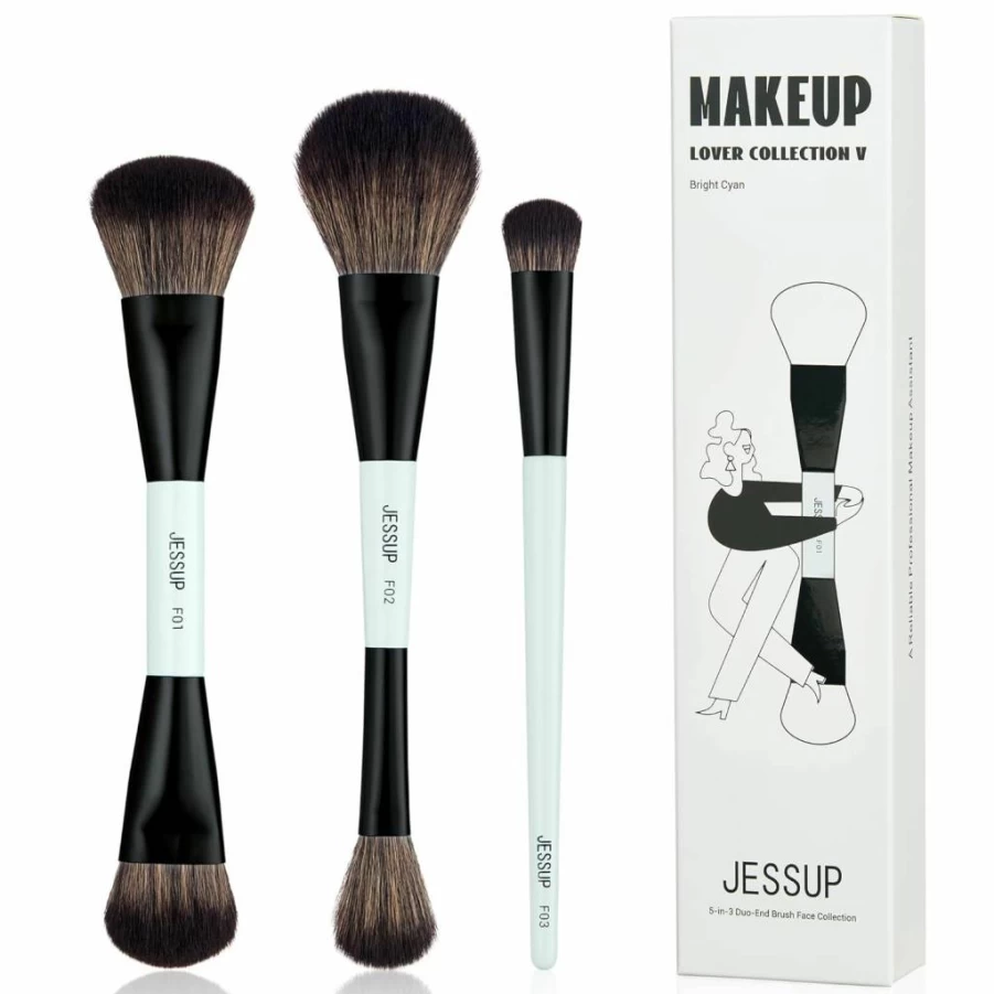 Jessup 10-Piece Makeup Brush Set - Double Sided Foundation, Contour, Blush, Eyeshadow, Eyeliner & Concealer Brushes - Cruelty-Free Vegan Cosmetic Tools (Bright Cyan) - T500 Series