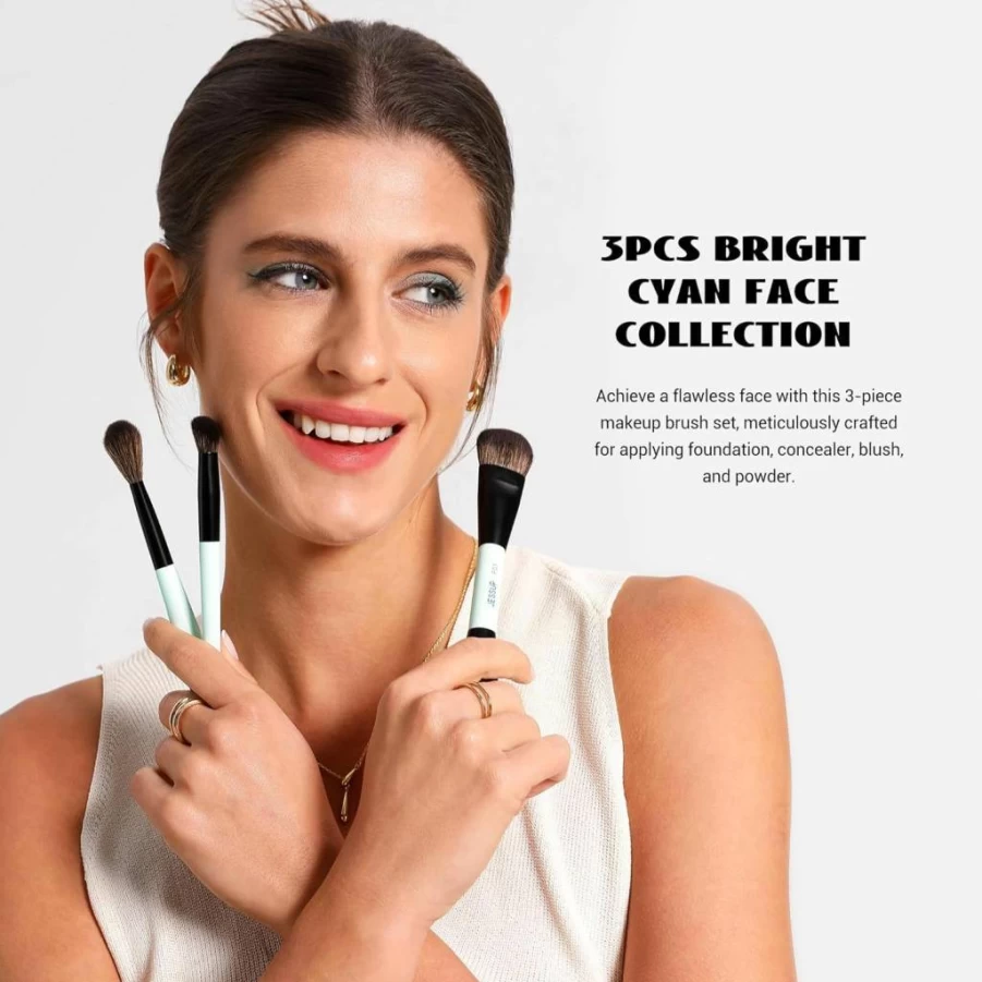 Jessup 10-Piece Makeup Brush Set - Double Sided Foundation, Contour, Blush, Eyeshadow, Eyeliner & Concealer Brushes - Cruelty-Free Vegan Cosmetic Tools (Bright Cyan) - T500 Series