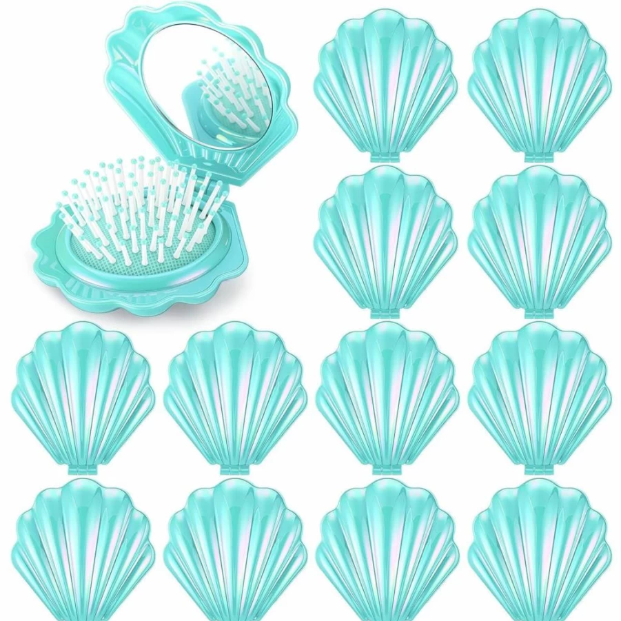 Meanplan 12 Pcs Mini Foldable Travel Hair Brush Set with Mirror - Portable Shell Design Hair Comb for Women, Girls, Bridal Shower Gifts (Purple)