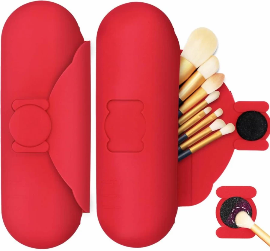 DivaDwell Depot Silicone Makeup Brush Holder with Cleaning Pad - 9.05 Inch Waterproof Travel Cosmetic Case, Magnetic Closure Organizer for Storage & On-The-Go Cleaning