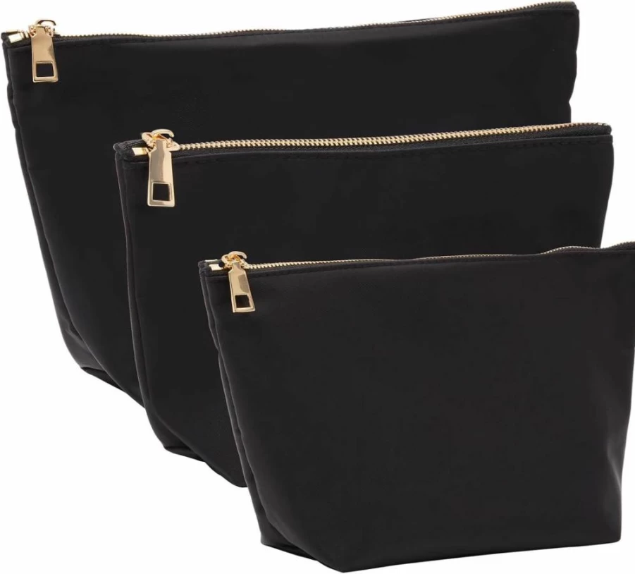 Glamlily 3-Piece Black Nylon Makeup Bag Set for Women - Travel Cosmetic Pouch Organizers with Zipper (Small, Medium, Large)