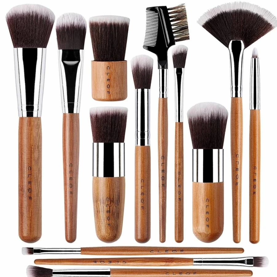 CLEOF 13-Piece Vegan Bamboo Makeup Brush Set - Professional Eyebrow, Eyeshadow, Blending, Foundation, Kabuki & Blush Brushes - Cruelty Free