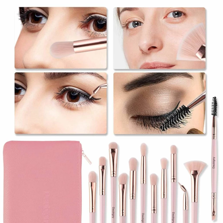 Daubigny 12-Piece Professional Makeup Brush Set for Eyeshadow, Concealer, Foundation & Blending - Champagne Gold with Travel Case