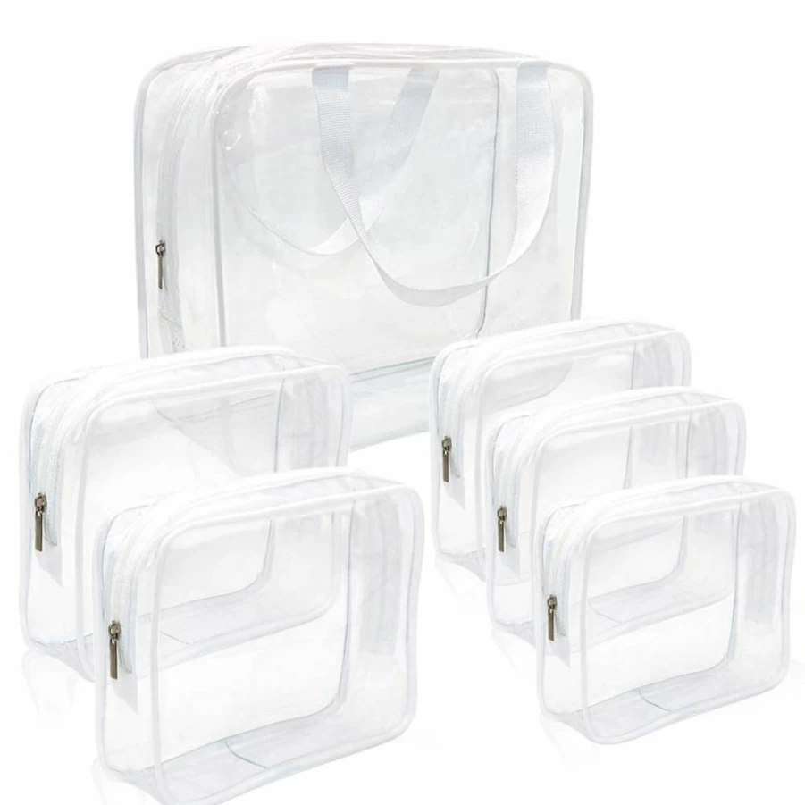APREUTY 6-Piece Clear PVC Makeup Bags Set with Zipper & Handle, TSA Approved Travel Cosmetic Organizer for Airport & Vacation, Portable Toiletry Pouch (Clear)