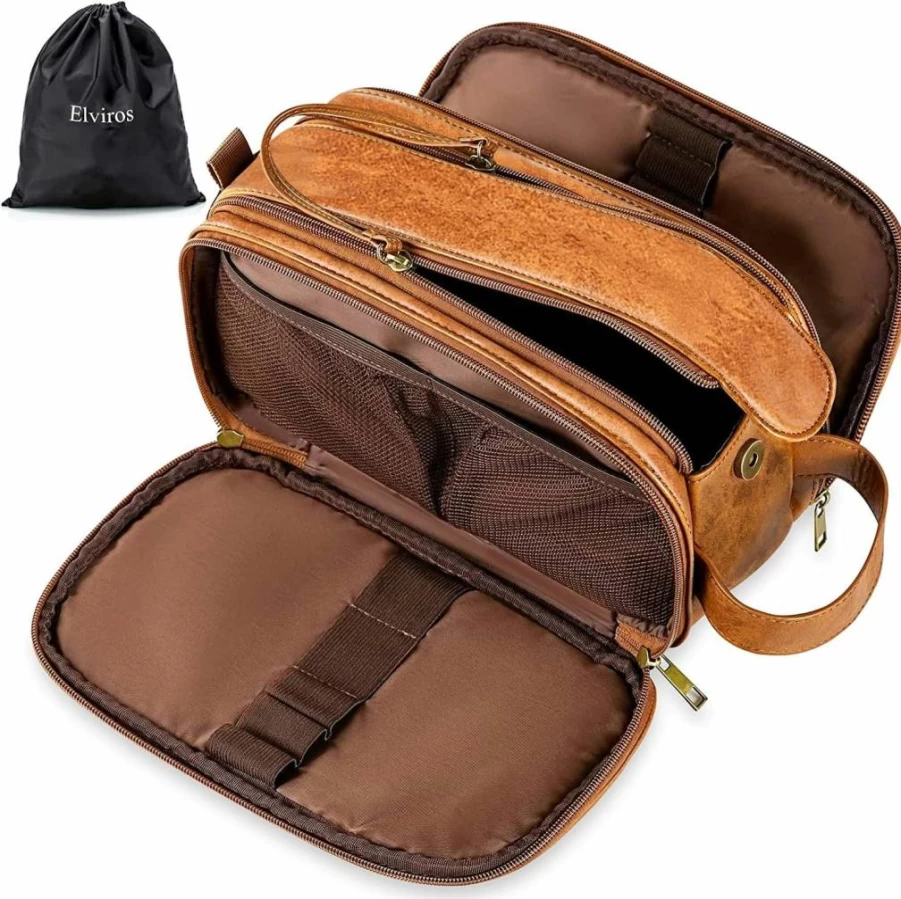 Elviros Men's Water-Resistant Pu Leather Dopp Kit - Large Travel Toiletry Bag for Shaving & Cosmetic Organizer