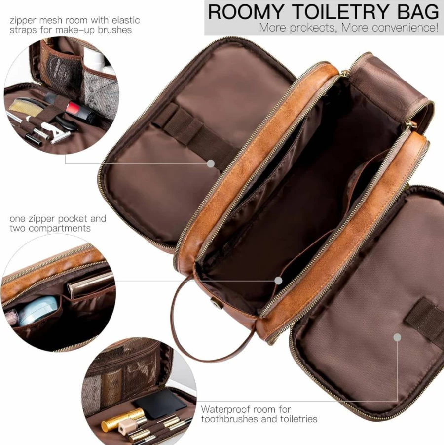 Elviros Men's Water-Resistant Pu Leather Dopp Kit - Large Travel Toiletry Bag for Shaving & Cosmetic Organizer
