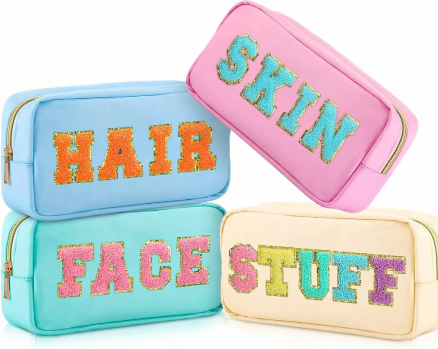 Cunno 4 Pcs Preppy Makeup Bags - Soft Chenille Letter Cosmetic Pouches with Zipper for Women, Travel Toiletry Organizer, Nylon Pencil Case