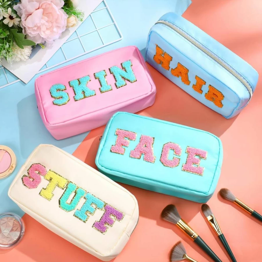 Cunno 4 Pcs Preppy Makeup Bags - Soft Chenille Letter Cosmetic Pouches with Zipper for Women, Travel Toiletry Organizer, Nylon Pencil Case