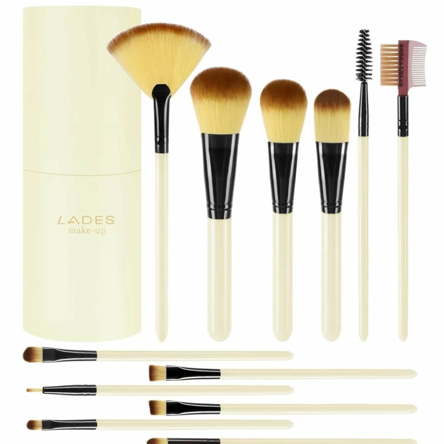 LADES 12-Piece Professional Makeup Brush Set with Travel Case - Foundation, Eyeshadow, Blush, Powder, Concealer & Contour Brushes Kit