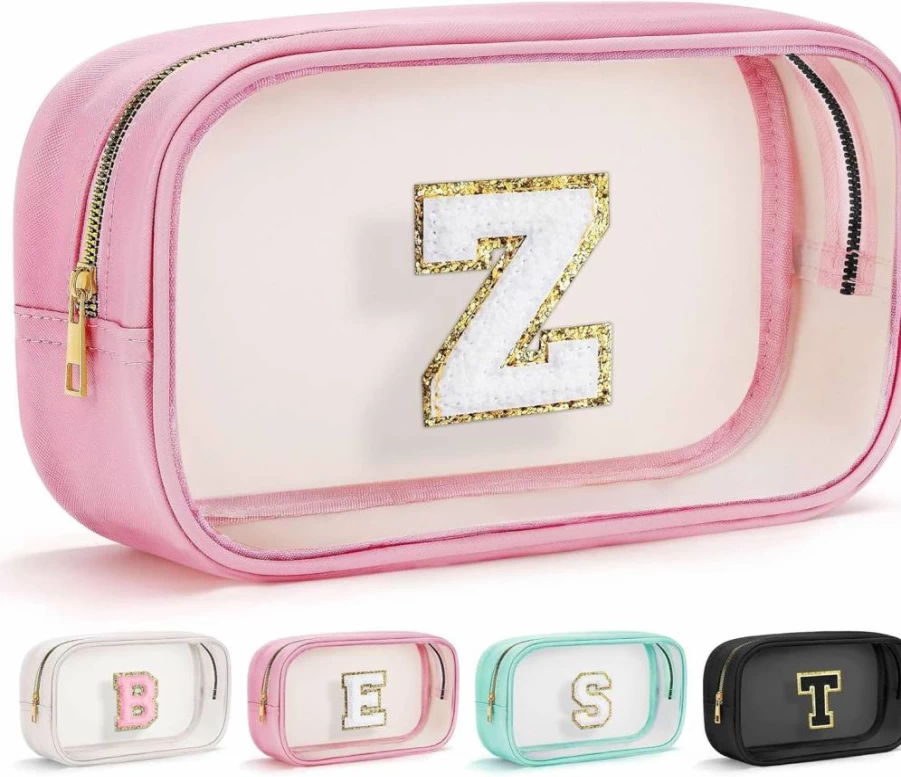 YOOLIFE Clear Makeup Bag for Travel - Pink Preppy Cosmetic Organizer, Toiletry Bag for Women, Teens, Girlfriend, Teacher, Mom - Ideal Birthday, Mother’s Day Gift
