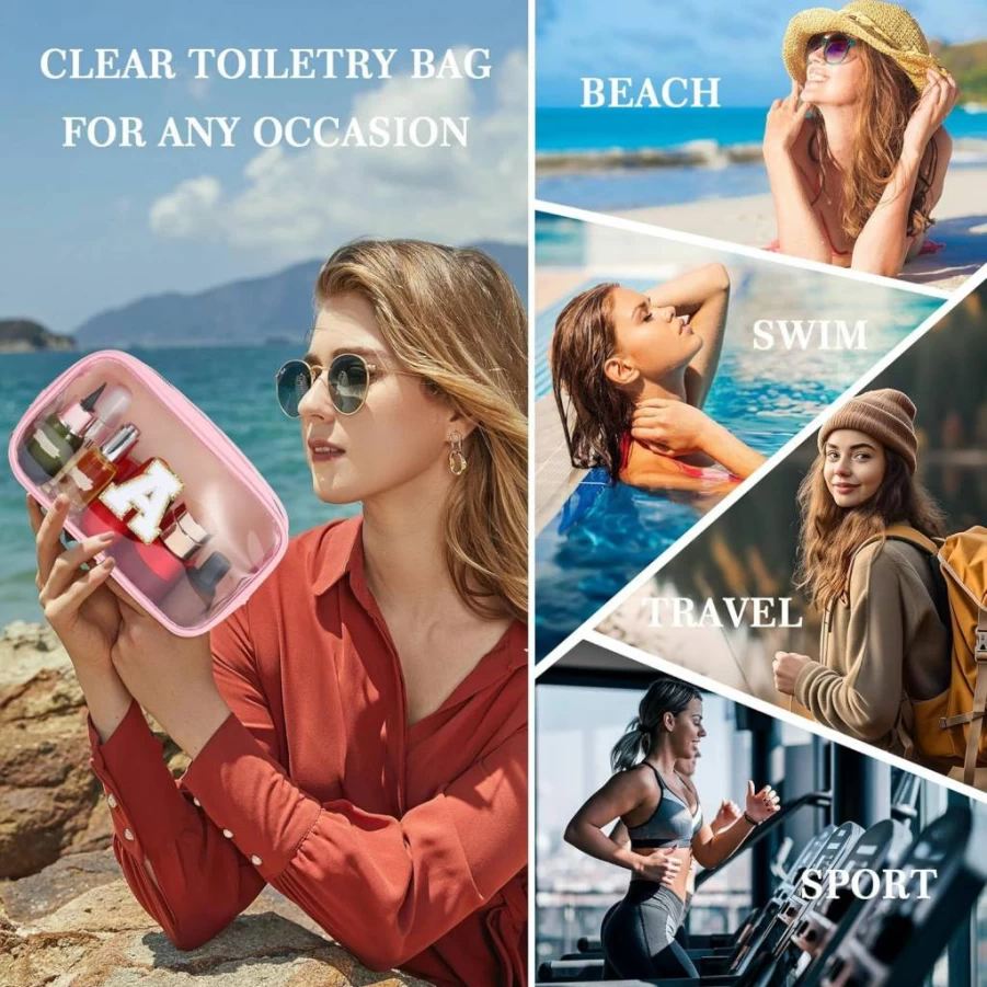 YOOLIFE Clear Makeup Bag for Travel - Pink Preppy Cosmetic Organizer, Toiletry Bag for Women, Teens, Girlfriend, Teacher, Mom - Ideal Birthday, Mother’s Day Gift