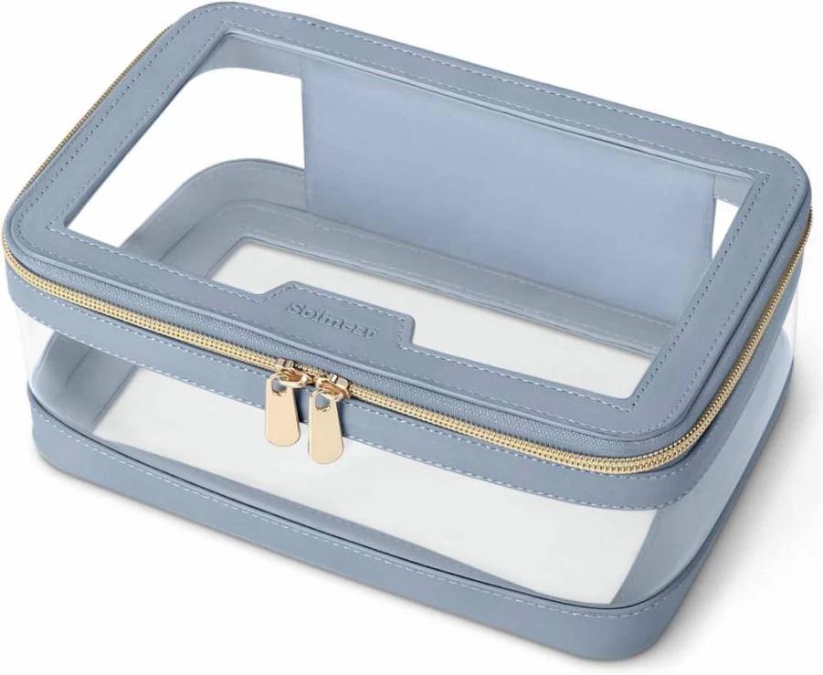 Soimeat Transparent Waterproof Makeup Bag with Brush Holder, Portable Leather Cosmetic Organizer for Women, Travel Toiletry Case - Off-White