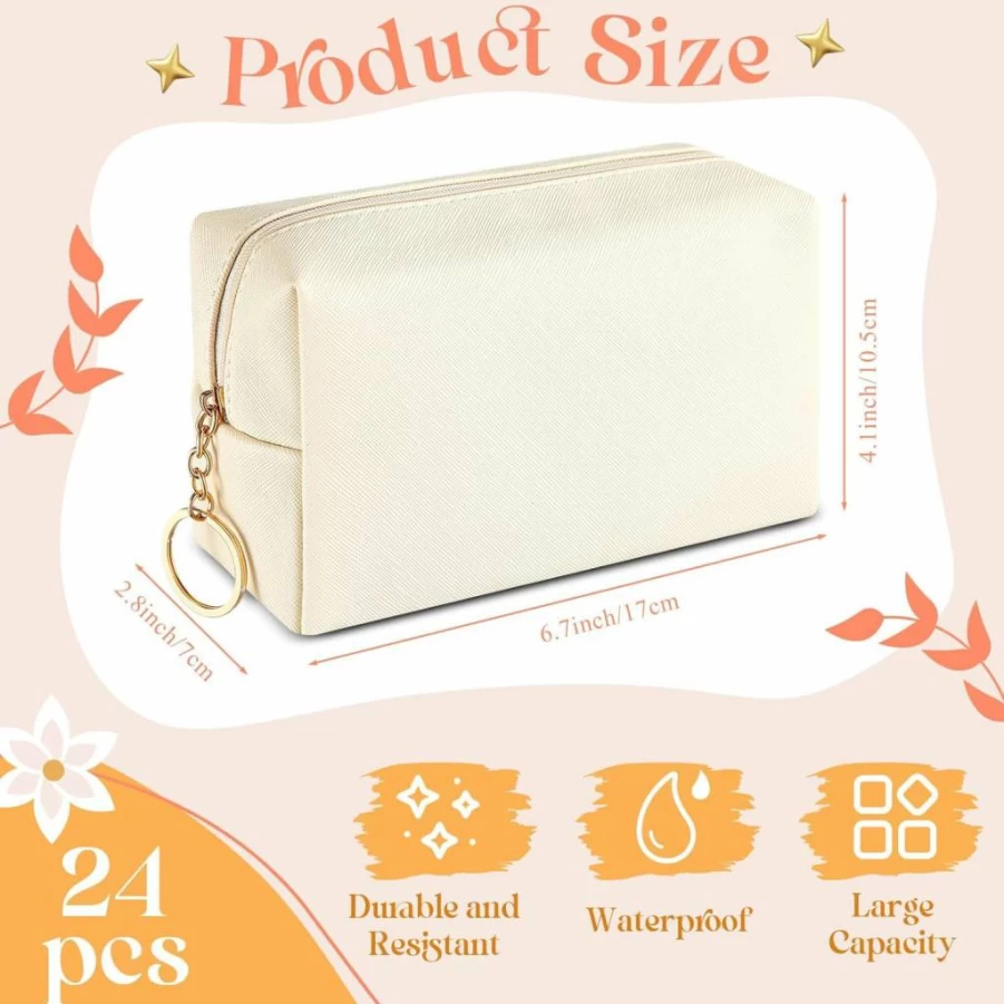 Chunful 24 Pack Waterproof PU Leather Makeup Bags for Women - Mixed Colors Cosmetic Pouch Set, Travel Toiletry & Preppy Pencil Case Organizer