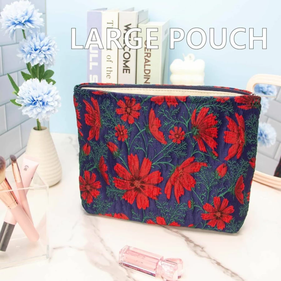 PAZIMIIK Large Canvas Makeup Bag for Women - Travel Cosmetic Pouch with Zipper, Daisy White Makeup Organizer for Purse and Toiletries