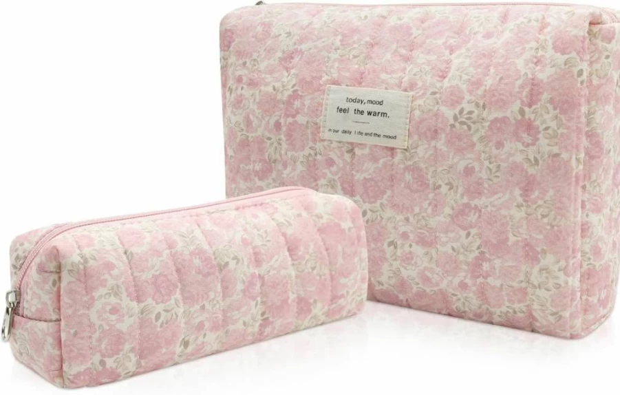 Gosect Blue Floral Makeup Bag for Women, Large Quilted Cosmetic Pouch, Cute Travel Toiletry Organizer with Flower Design, Cotton Makeup Case