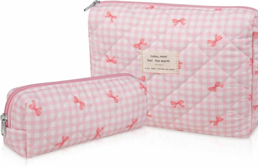 Gosect Blue Floral Makeup Bag for Women, Large Quilted Cosmetic Pouch, Cute Travel Toiletry Organizer with Flower Design, Cotton Makeup Case