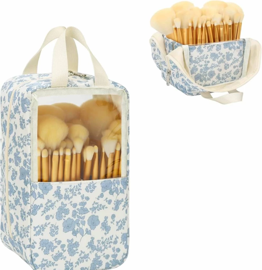 MONSTINA Clear TPU Makeup Brush Holder - Large Portable Stand-Up Organizer Bag for Professional Artist Brush Sets, Dust-Proof Transparent Storage Case