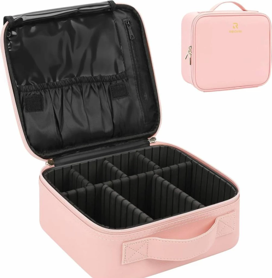 Relavel Quilted Leather Makeup Bag - Travel Cosmetic Organizer with Adjustable Dividers for Toiletry, Jewelry & Digital Accessories