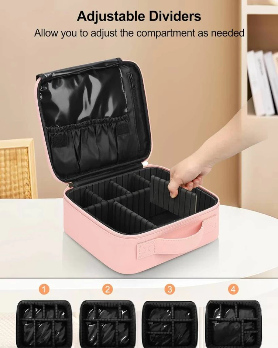 Relavel Quilted Leather Makeup Bag - Travel Cosmetic Organizer with Adjustable Dividers for Toiletry, Jewelry & Digital Accessories